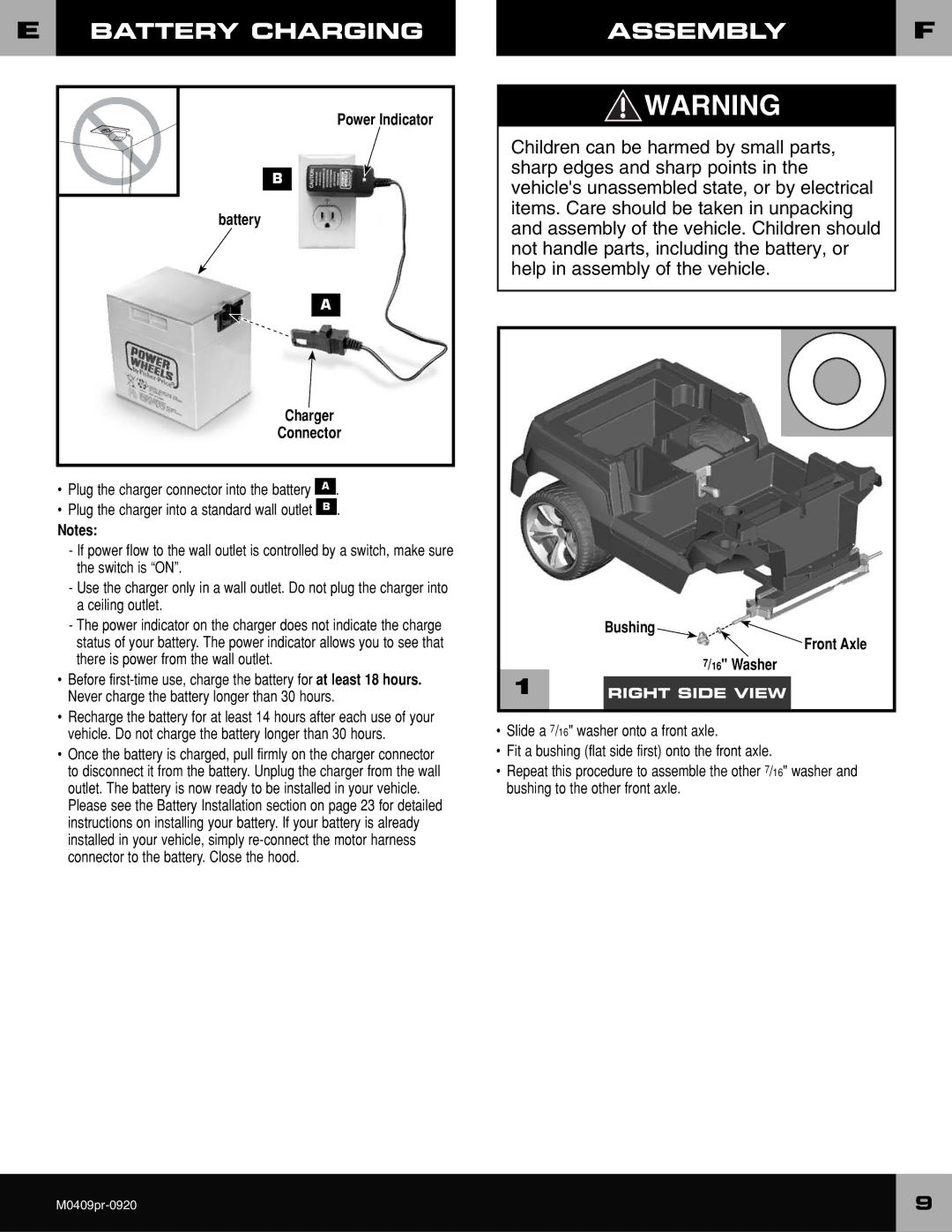 Fisher-Price M0409 owner manual Battery Charging Assembly, Power Indicator Battery Charger Connector, Bushing 