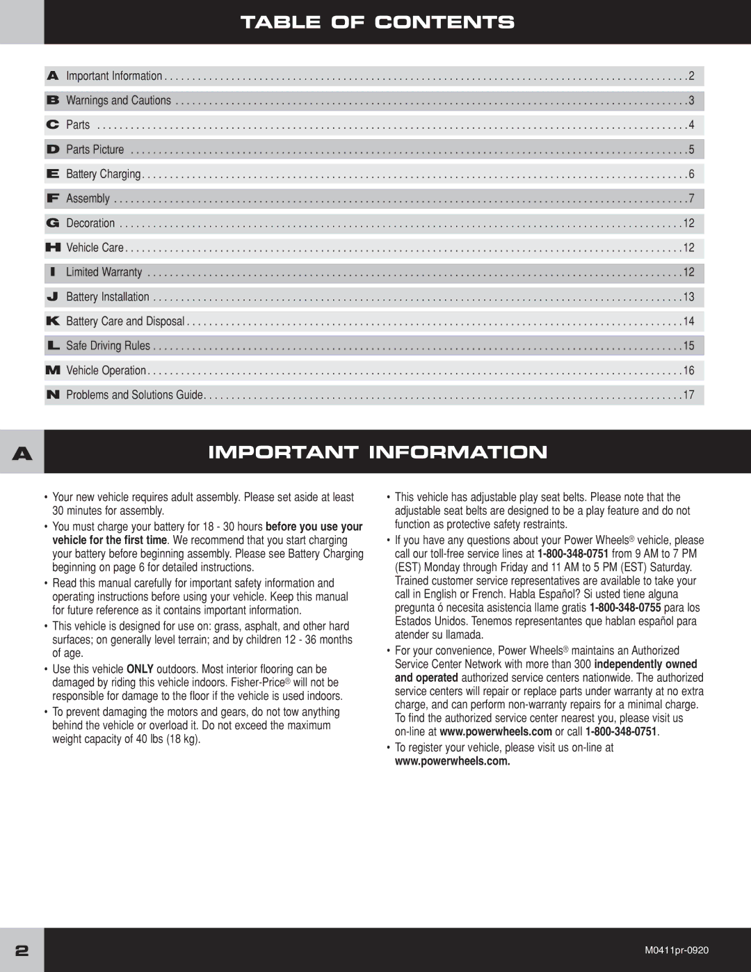 Fisher-Price M0411 owner manual Table of Contents, Important Information 