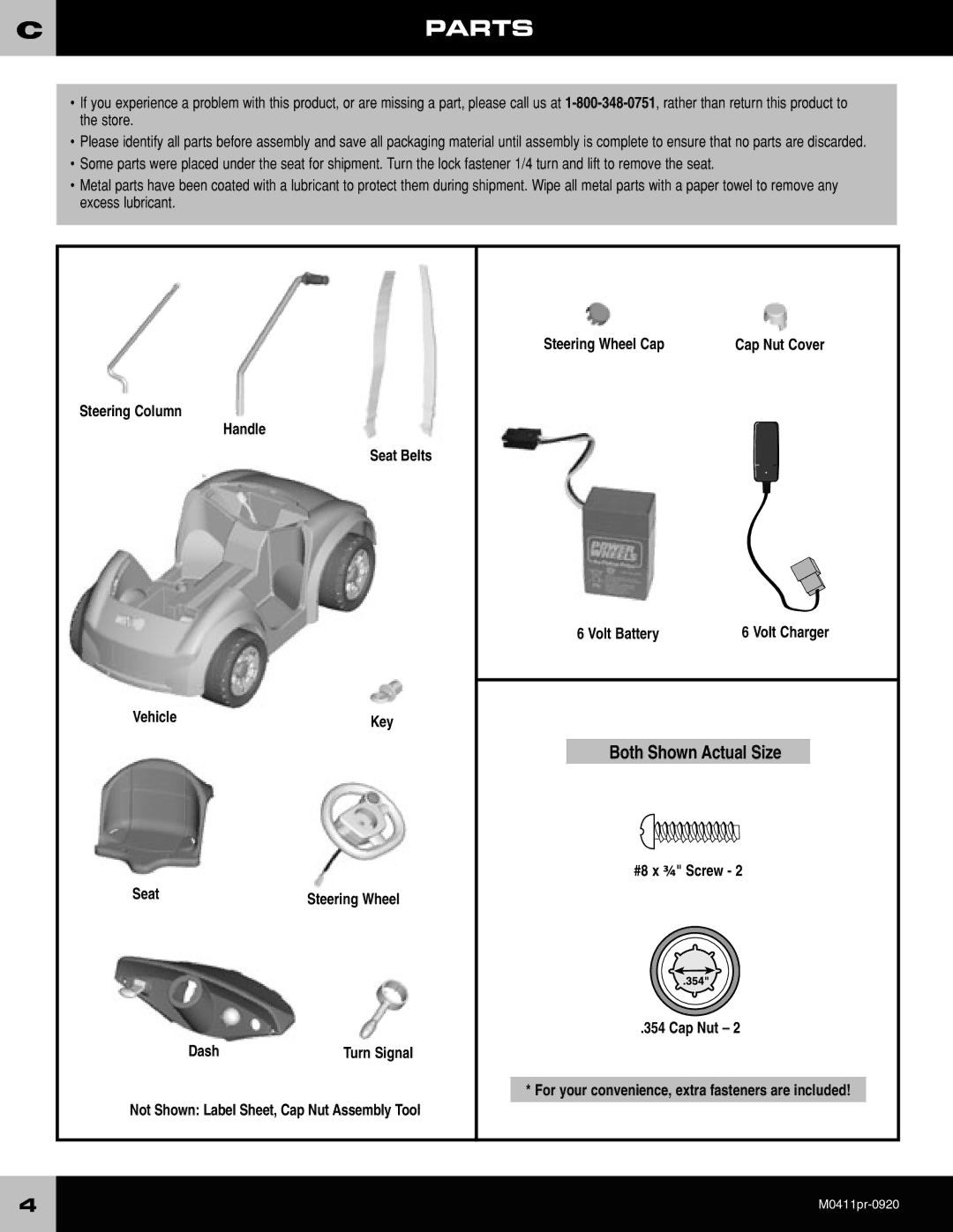 Fisher-Price M0411 owner manual Parts, Steering Column Handle Seat Belts Vehicle, Dash, Volt Battery 