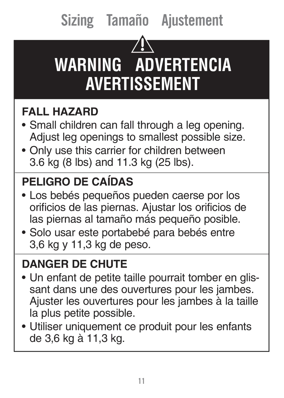 Fisher-Price M1351 manual Sizing Tamaño Ajustement 