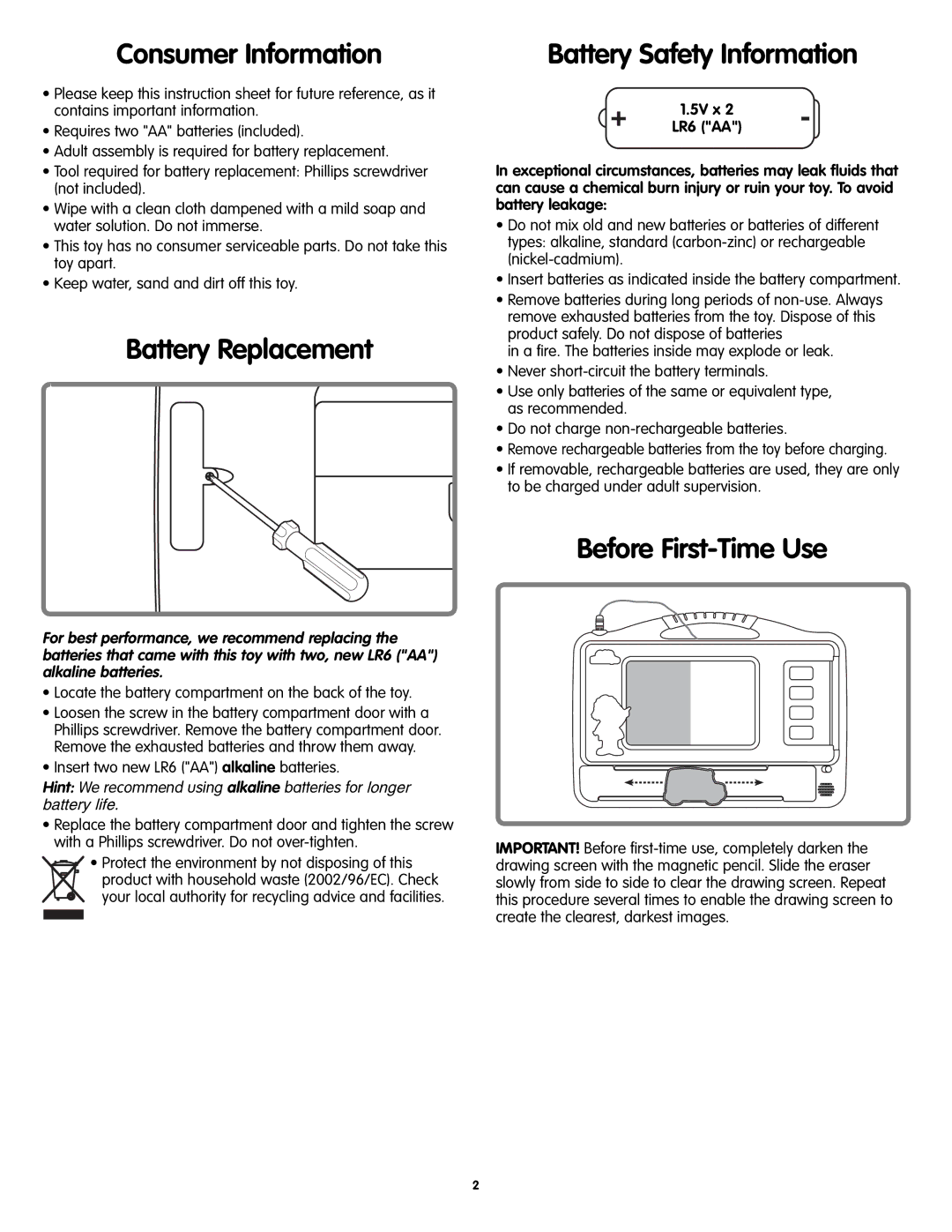 Fisher-Price M1353 manual Consumer Information, Battery Replacement, Battery Safety Information, Before First-Time Use 