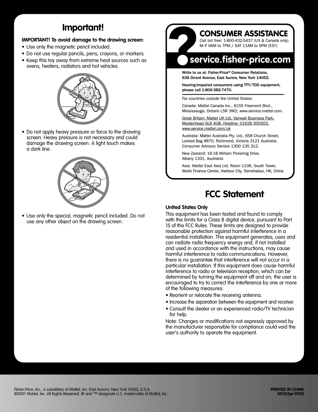 Fisher-Price M1353 manual FCC Statement, IMPORTANT! To avoid damage to the drawing screen, United States Only 