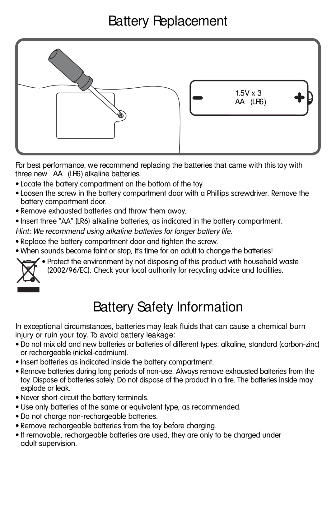 Fisher-Price M1445 manual Battery Replacement, Battery Safety Information 