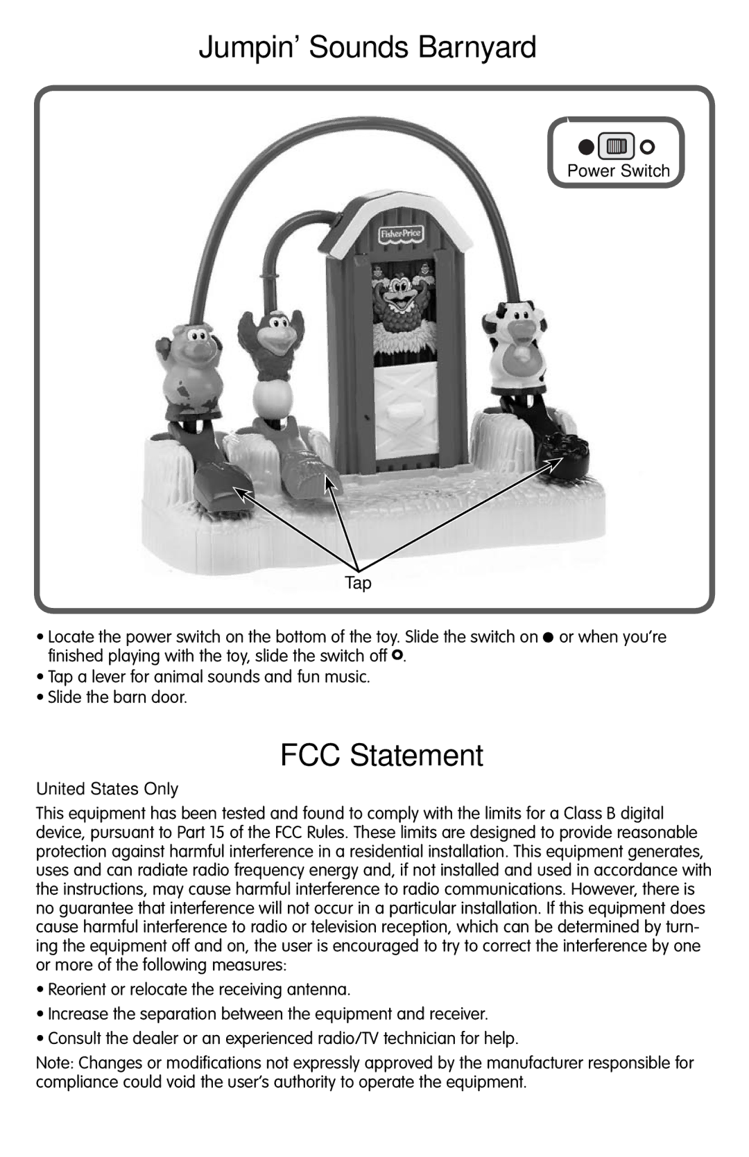 Fisher-Price M1445 manual Jumpin Sounds Barnyard, FCC Statement 