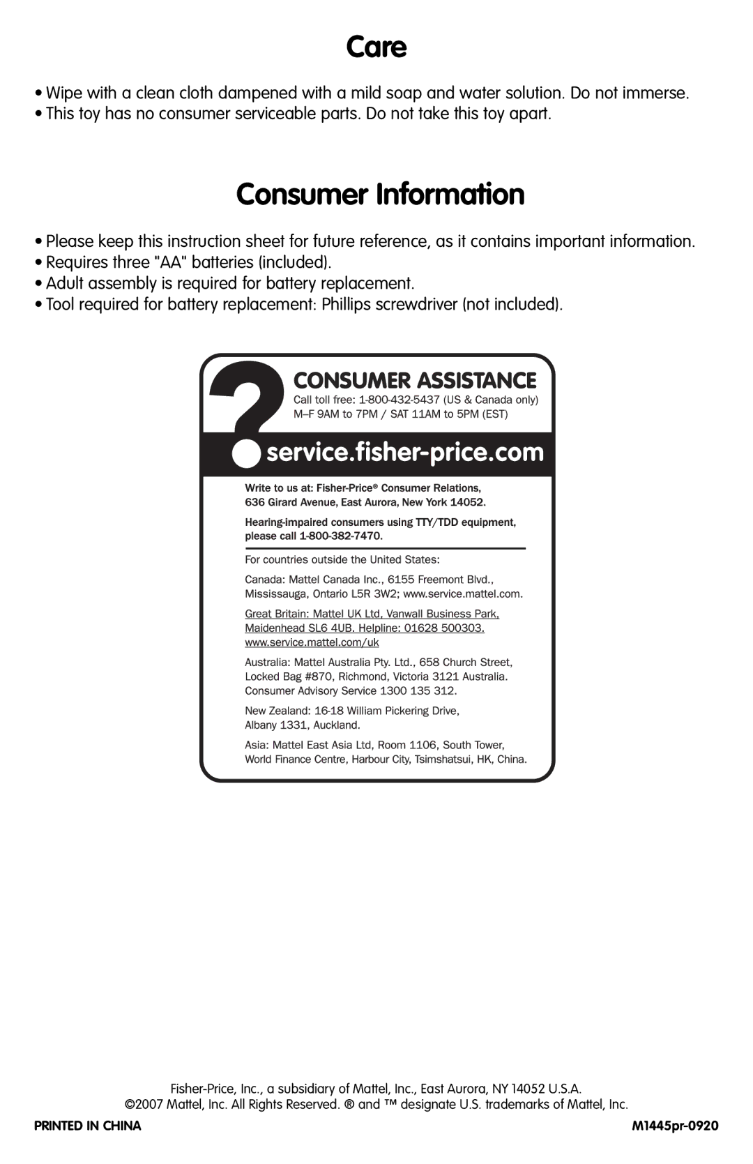 Fisher-Price M1445 manual Care, Consumer Information 