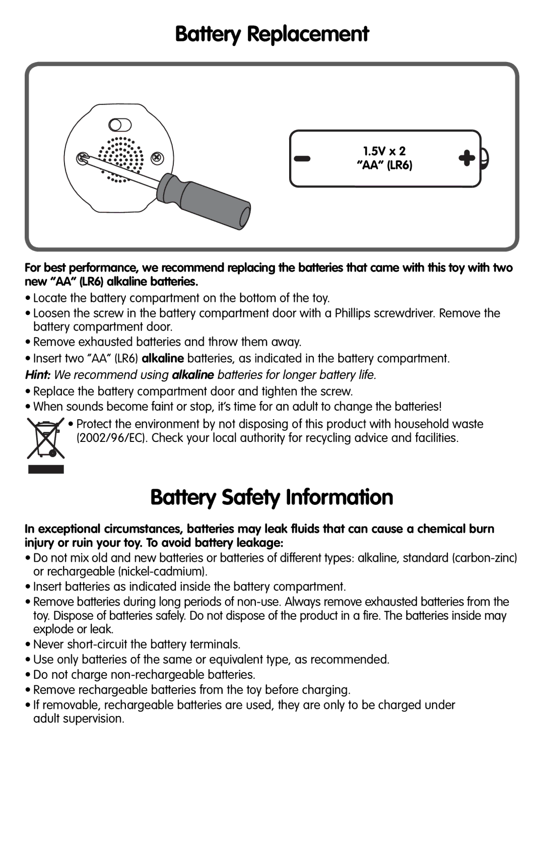 Fisher-Price M1446 manual Battery Replacement, Battery Safety Information 