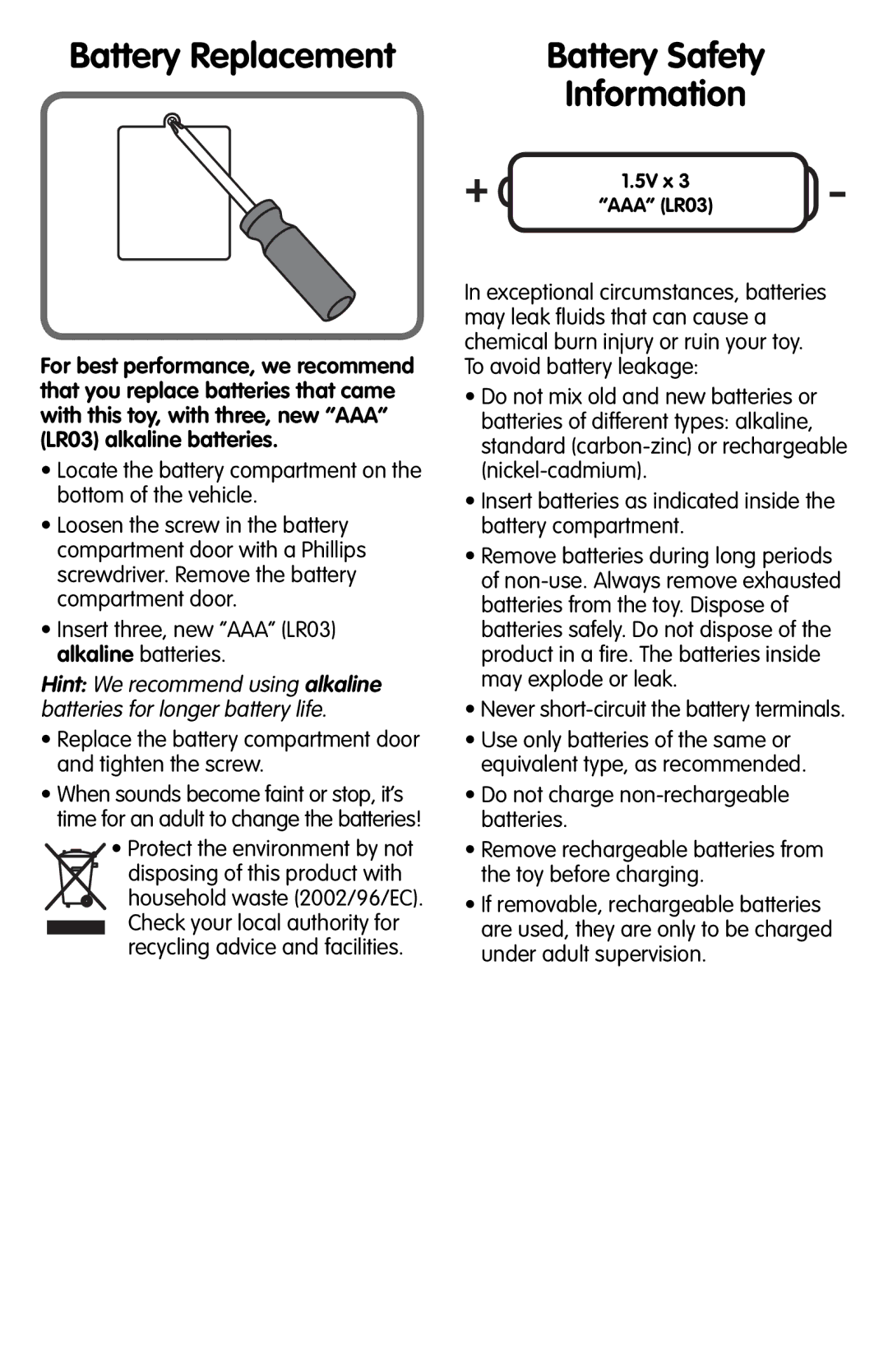 Fisher-Price M1803 instruction sheet Battery Replacement, Battery Safety 