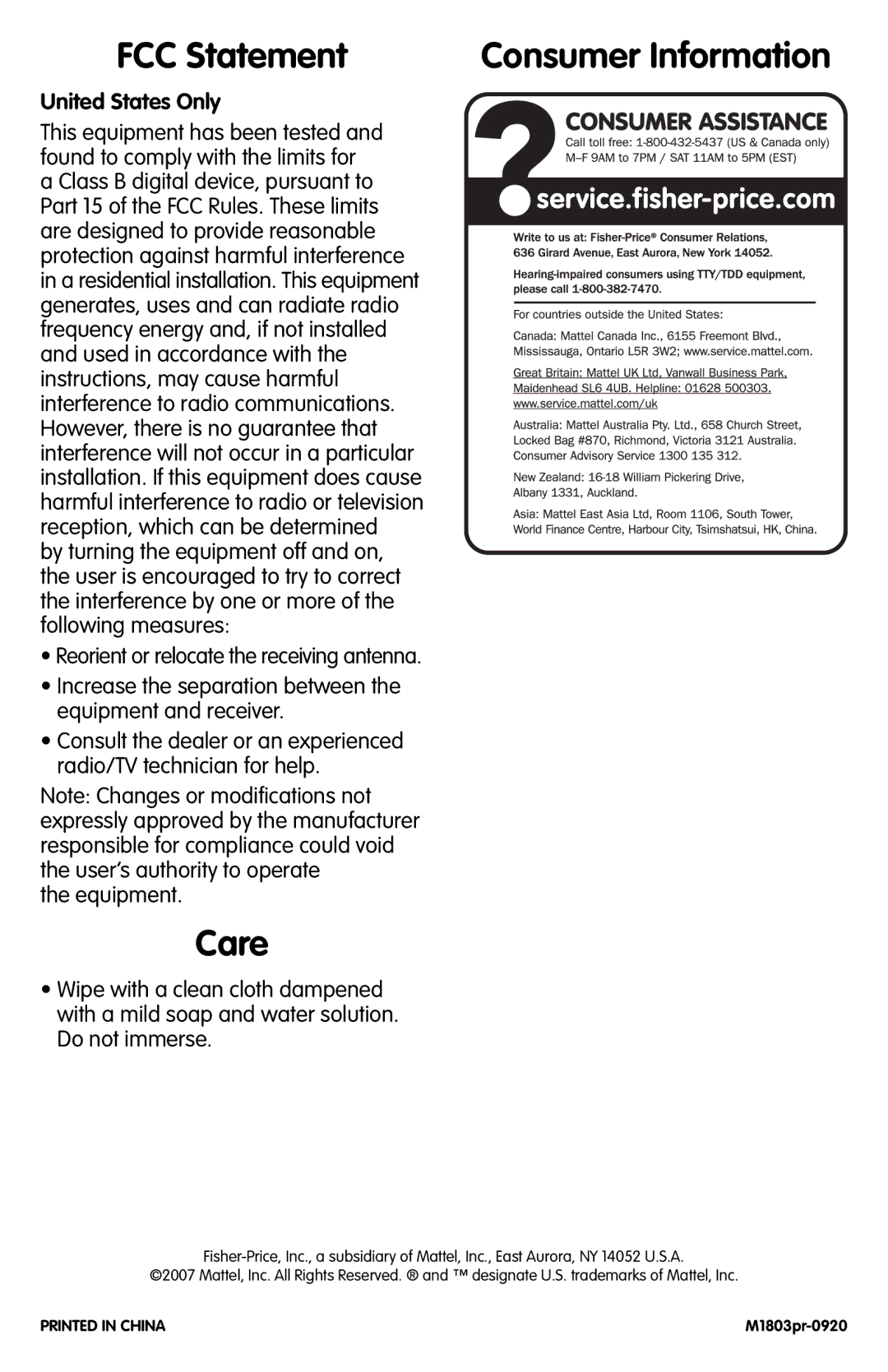 Fisher-Price M1803 instruction sheet FCC Statement, Care, Consumer Information 