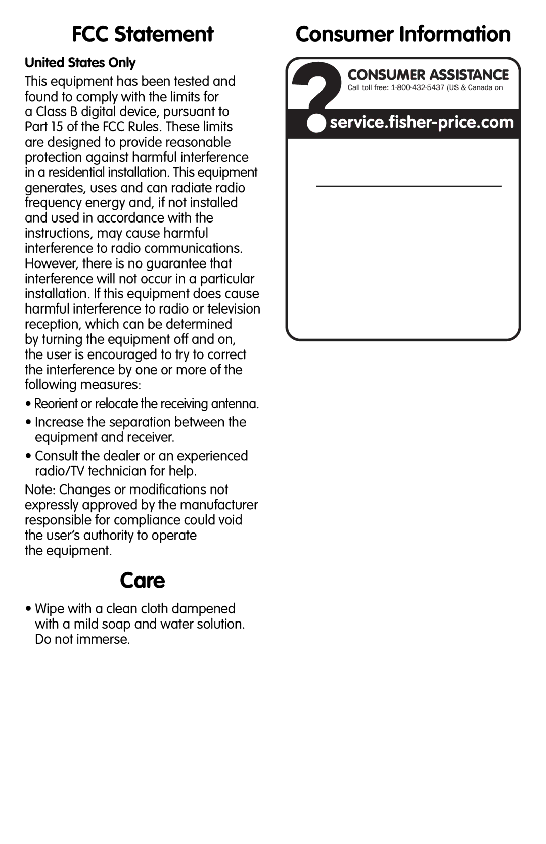 Fisher-Price M1804 instruction sheet FCC Statement, Care, Consumer Information 