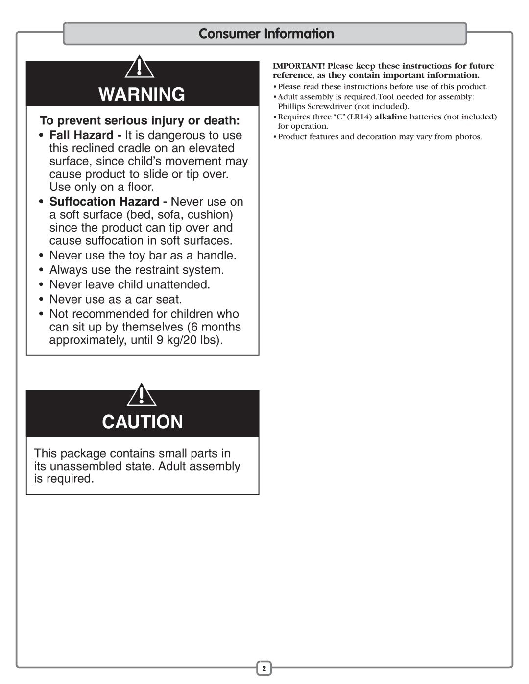 Fisher-Price M2055 manual Consumer Information, To prevent serious injury or death 