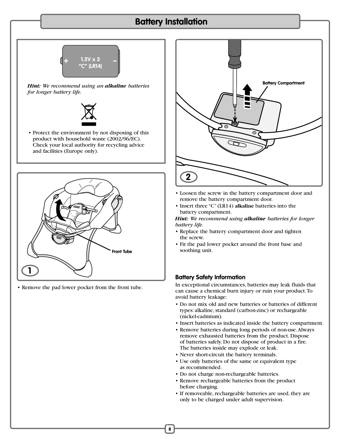 Fisher-Price M2055 manual Battery Installation, 5V x LR14 