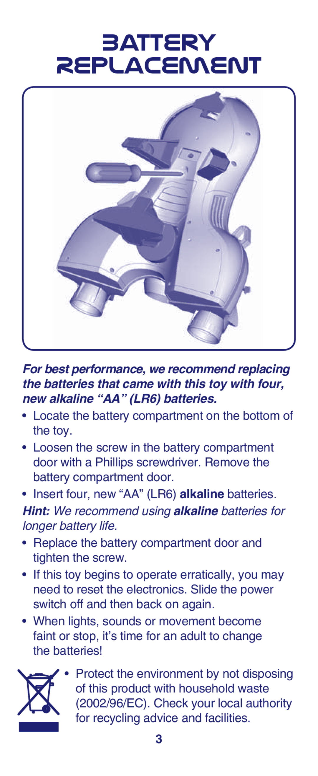 Fisher-Price L4810, M2126 instruction sheet Battery Replacement, Locate the battery compartment on the bottom of the toy 