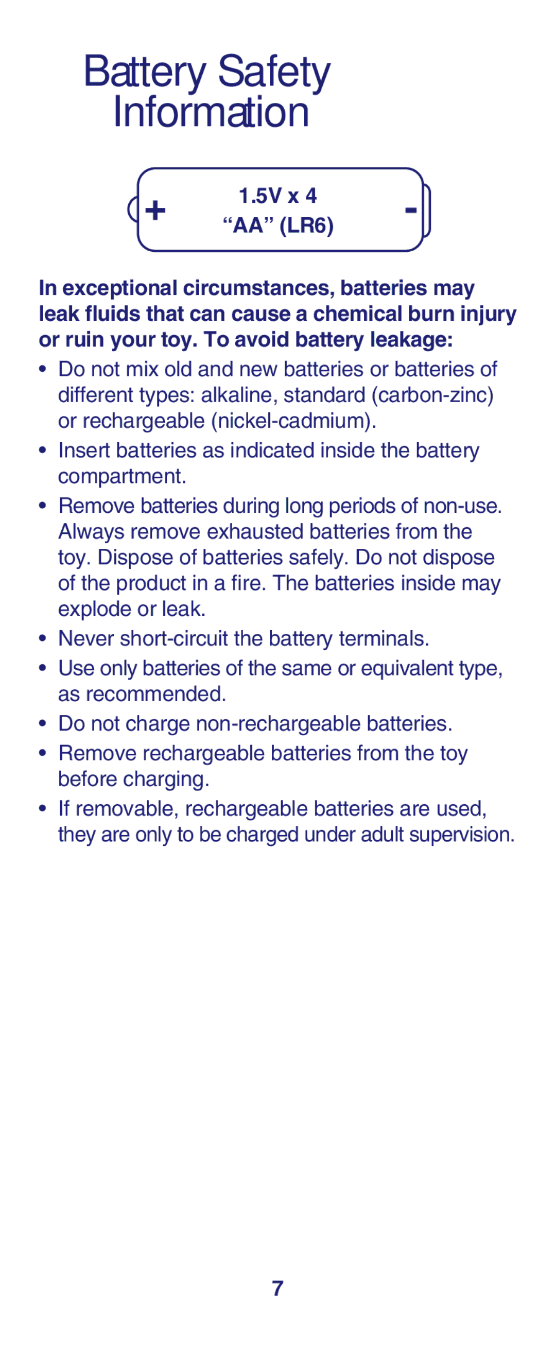 Fisher-Price L4810, M2126 instruction sheet Battery Safety Information, 5V x AA LR6 