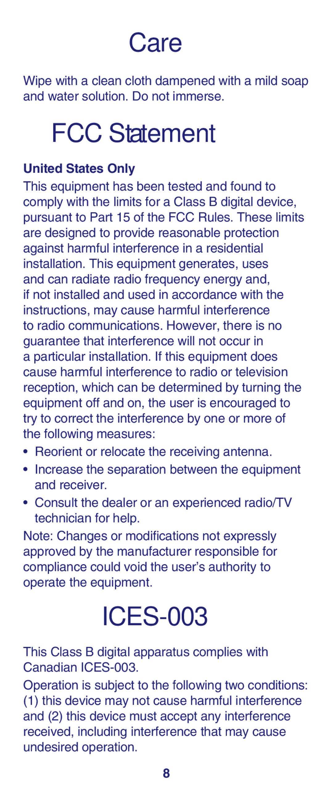 Fisher-Price M2126, L4810 Care, FCC Statement, ICES-003, United States Only, Can radiate radio frequency energy 