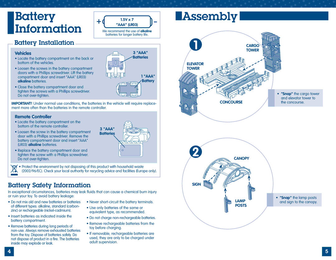 Fisher-Price M2809 manual Battery Information, Assembly, Tower, Concourse, Canopy Sign 