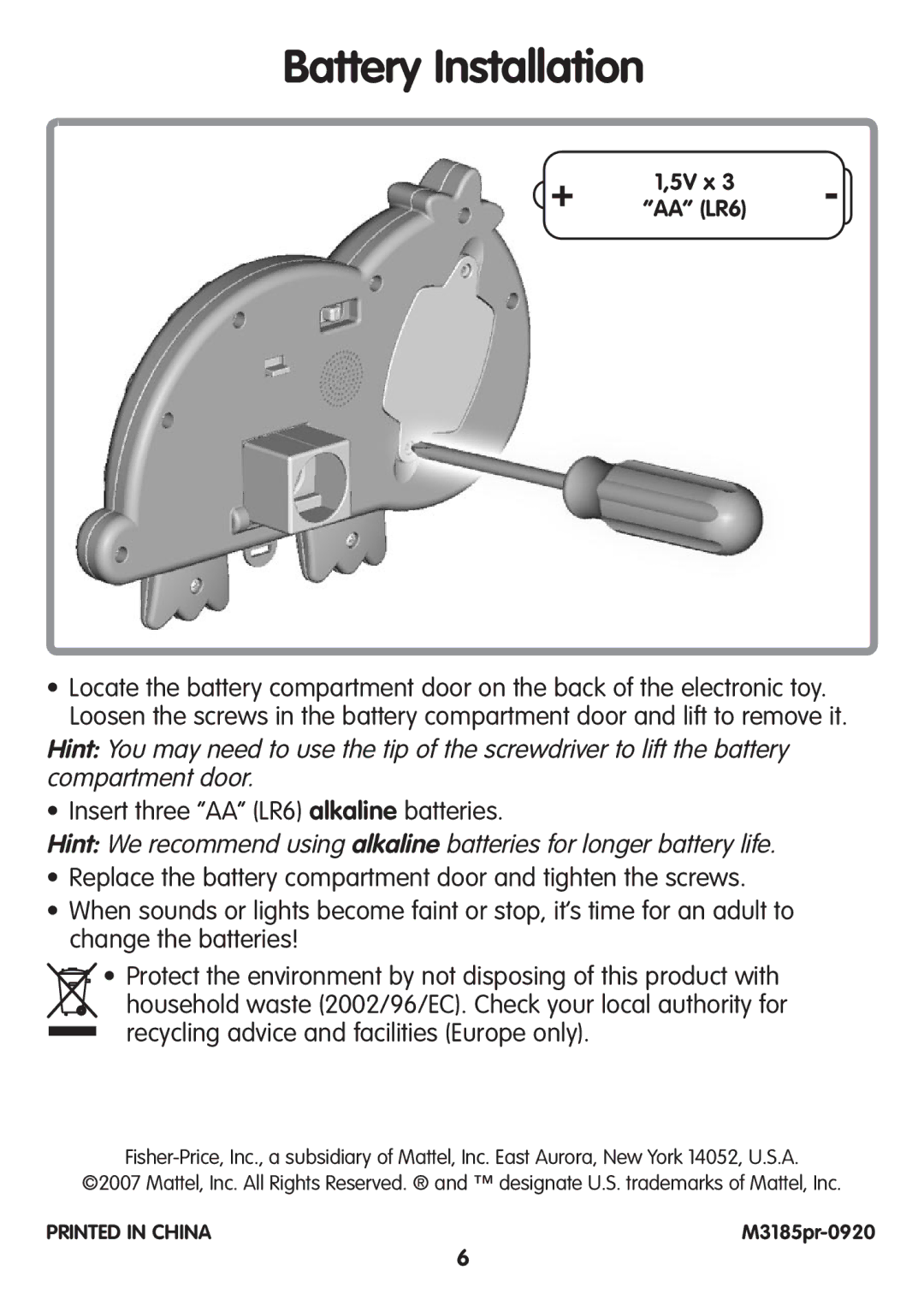 Fisher-Price M3185 manual Battery Installation, 5V x AA LR6 