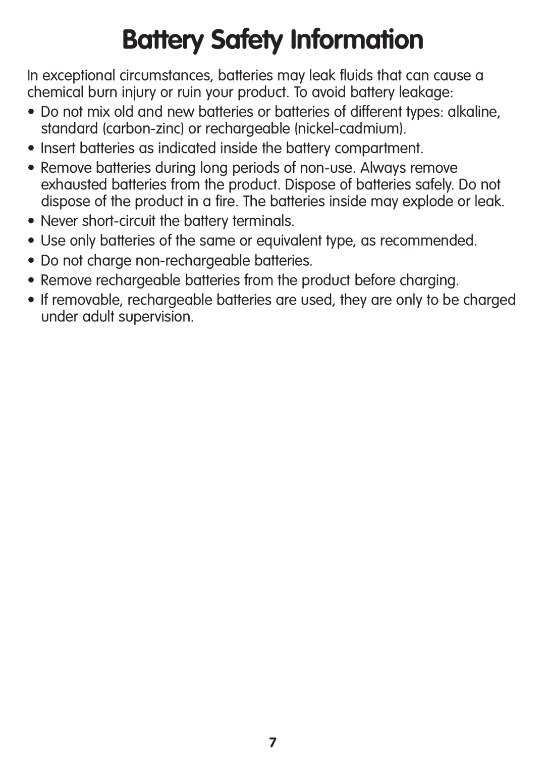 Fisher-Price M3185 manual Battery Safety Information 