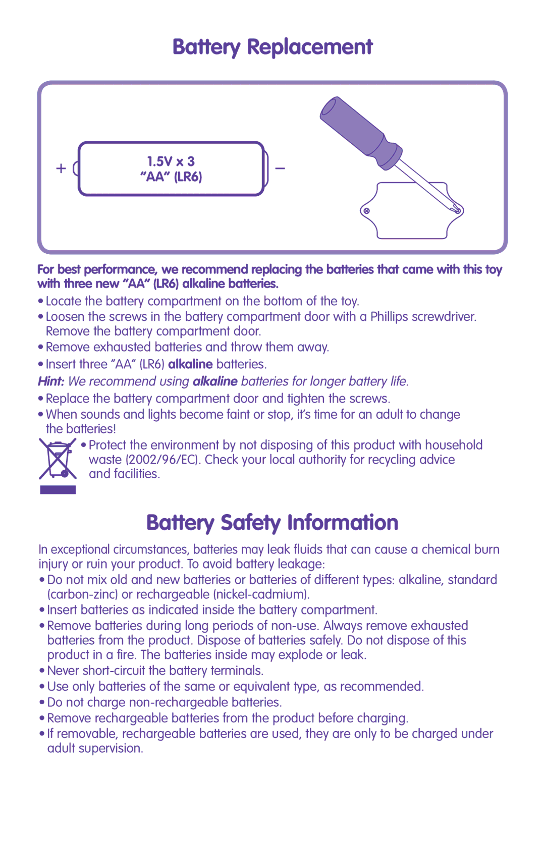 Fisher-Price M3194 instruction sheet Battery Replacement, Battery Safety Information 