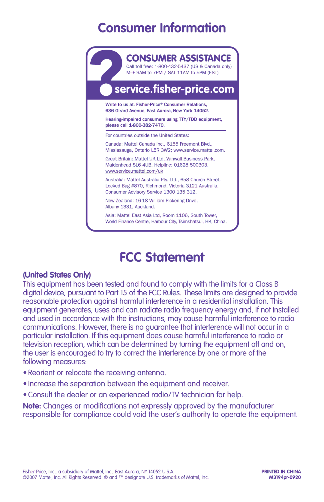 Fisher-Price M3194 instruction sheet Consumer Information FCC Statement, United States Only 