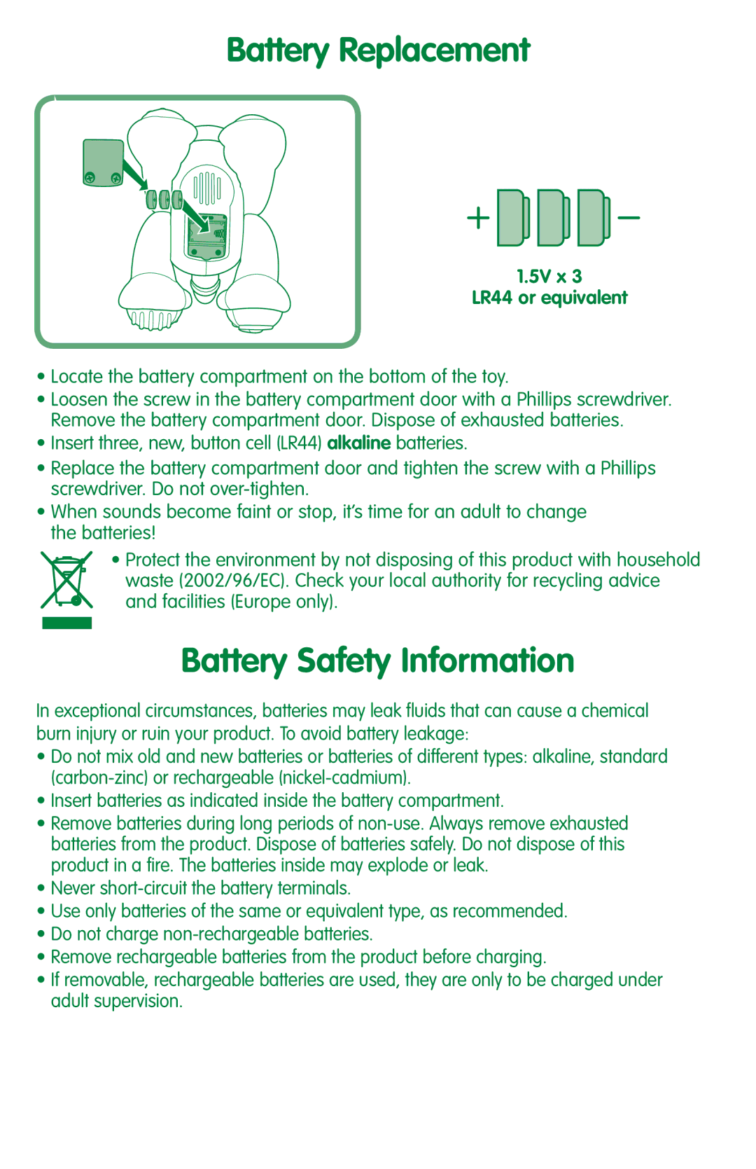 Fisher-Price M3199, M3198 manual Battery Replacement, Battery Safety Information, 5V x LR44 or equivalent 