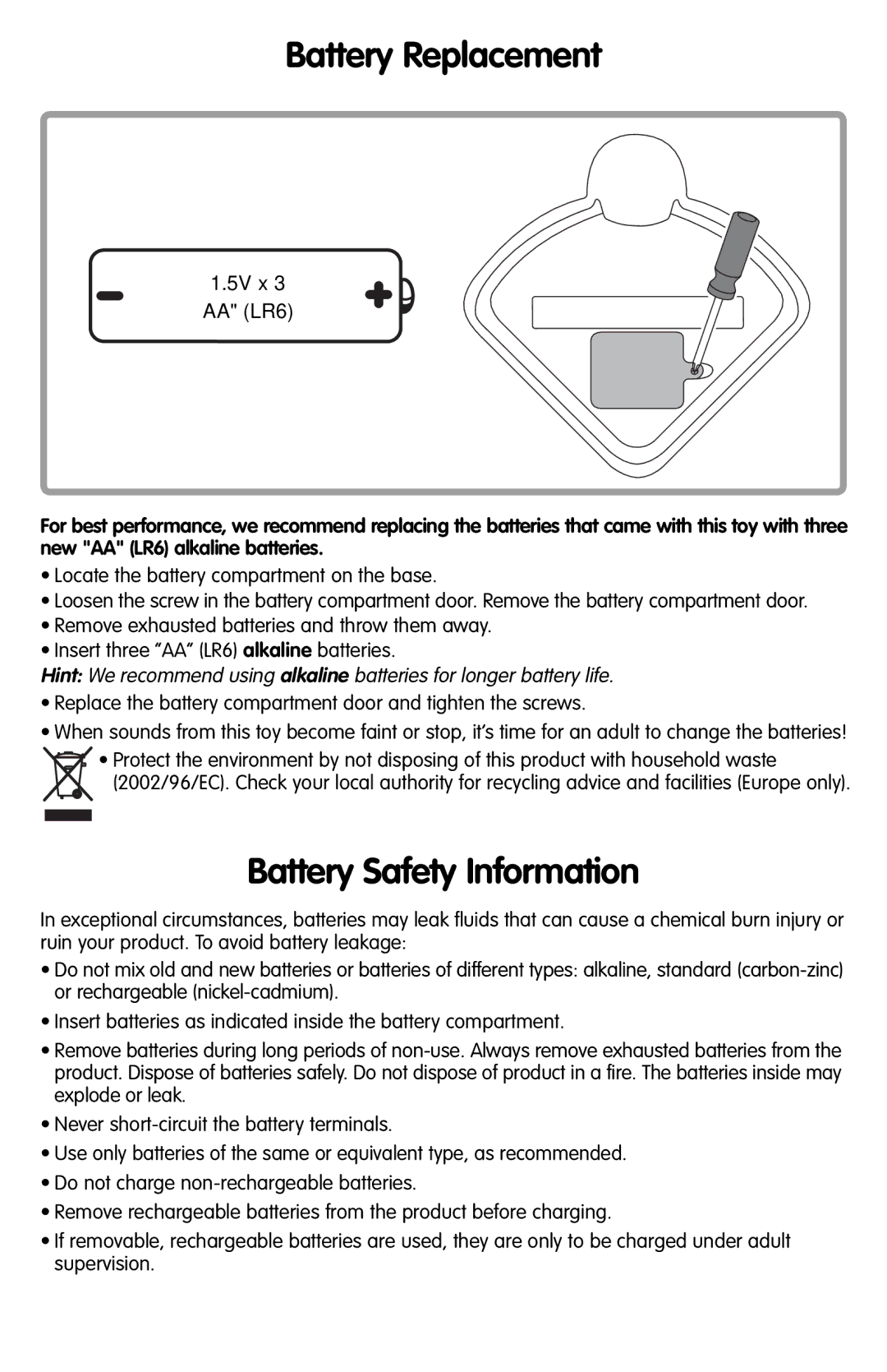 Fisher-Price M4044 manual Battery Replacement, Battery Safety Information 