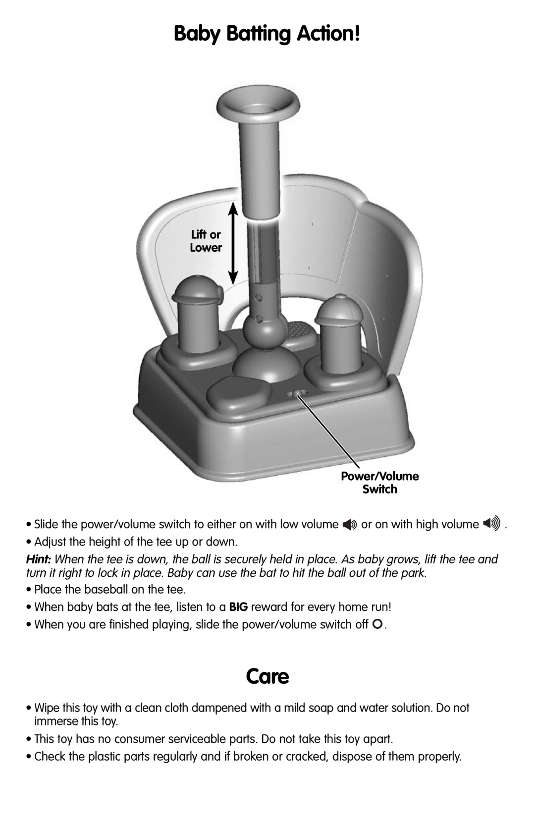 Fisher-Price M4044 manual Baby Batting Action, Care, Lift or Lower Power/Volume Switch 