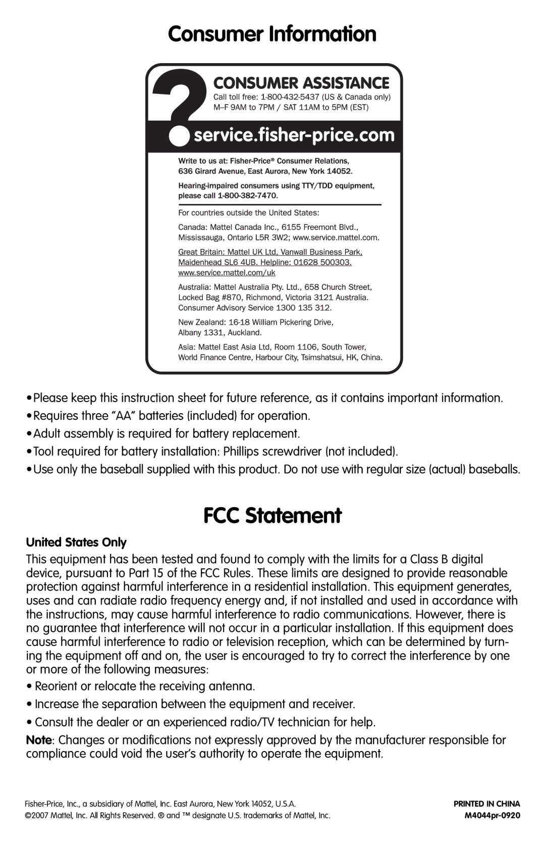 Fisher-Price M4044 manual Consumer Information, FCC Statement, United States Only 