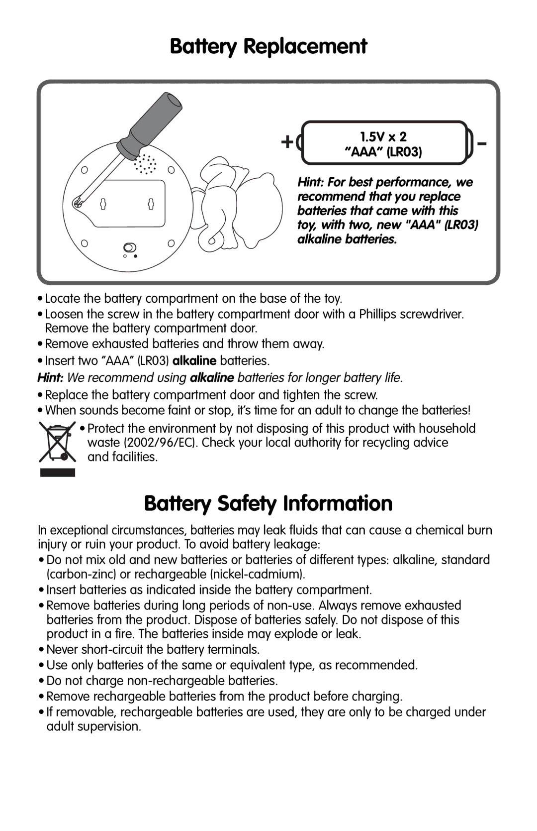 Fisher-Price M4045 instruction sheet Battery Replacement, Battery Safety Information, 5V x AAA LR03 