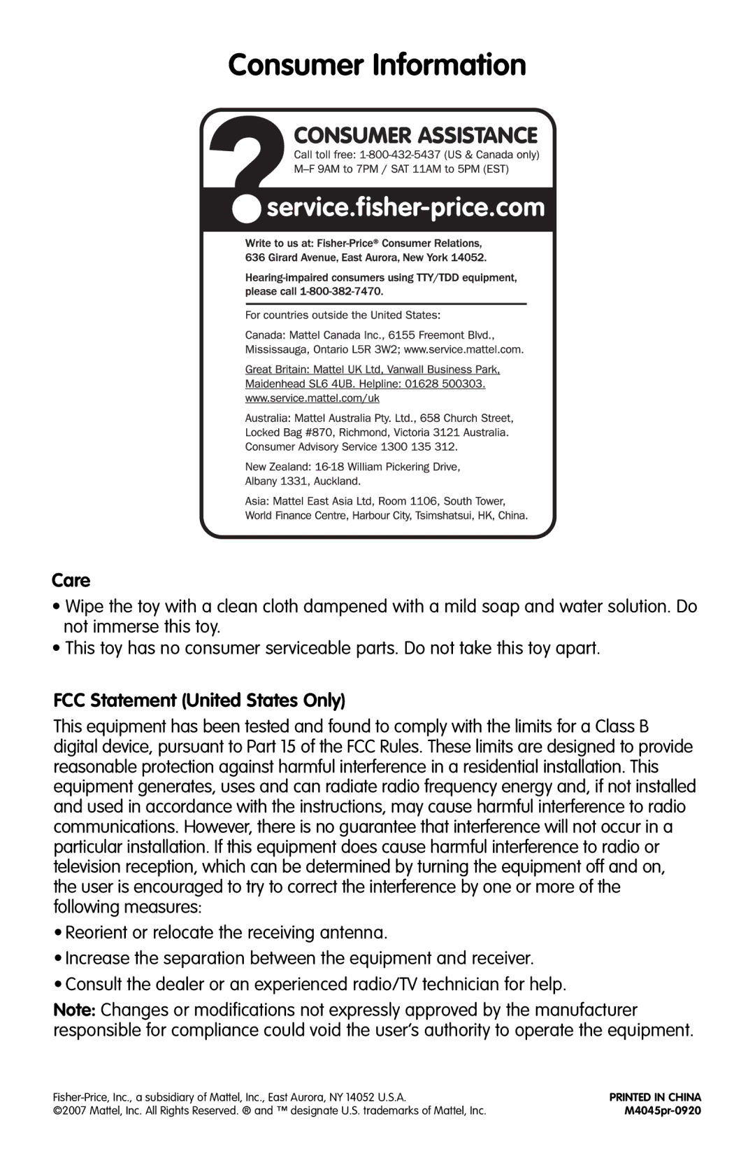 Fisher-Price M4045 instruction sheet Consumer Information, Care, FCC Statement United States Only 