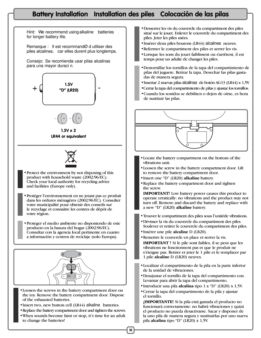 Fisher-Price M5598 manual 5V x LR44 or equivalent 