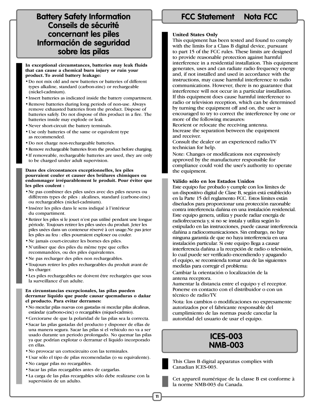 Fisher-Price M5598 manual Battery Safety Information, FCC Statement Nota FCC, ICES-003 NMB-003, United States Only 