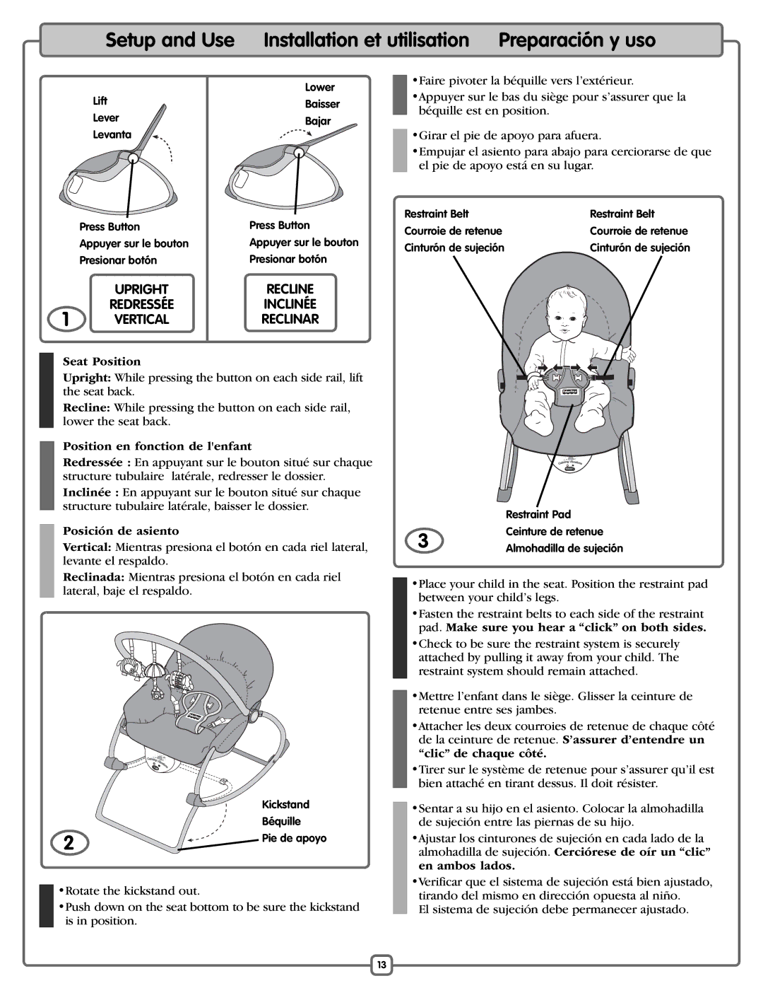 Fisher-Price M5598 manual Seat Position, Position en fonction de lenfant, Posición de asiento, Clic de chaque côté 