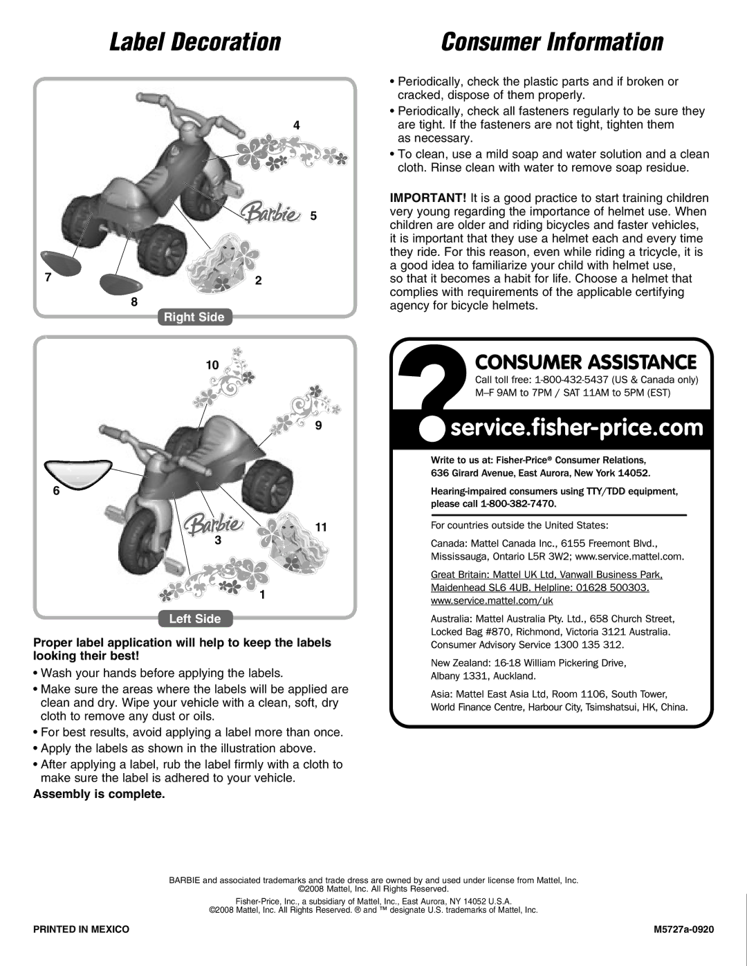 Fisher-Price M5727 instruction sheet Label Decoration, Right Side Left Side 