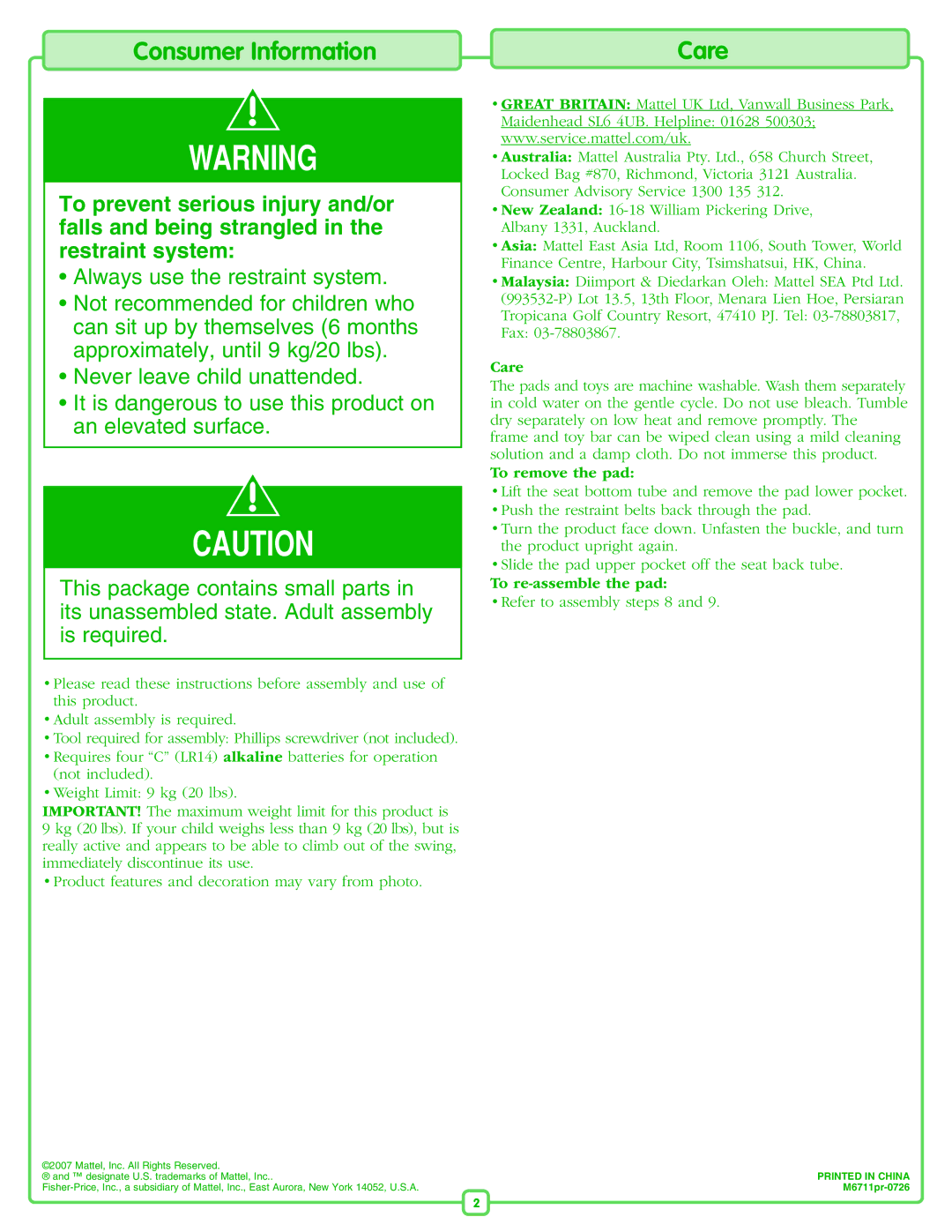 Fisher-Price M6711 manual Consumer Information, Care, To remove the pad, To re-assemble the pad 