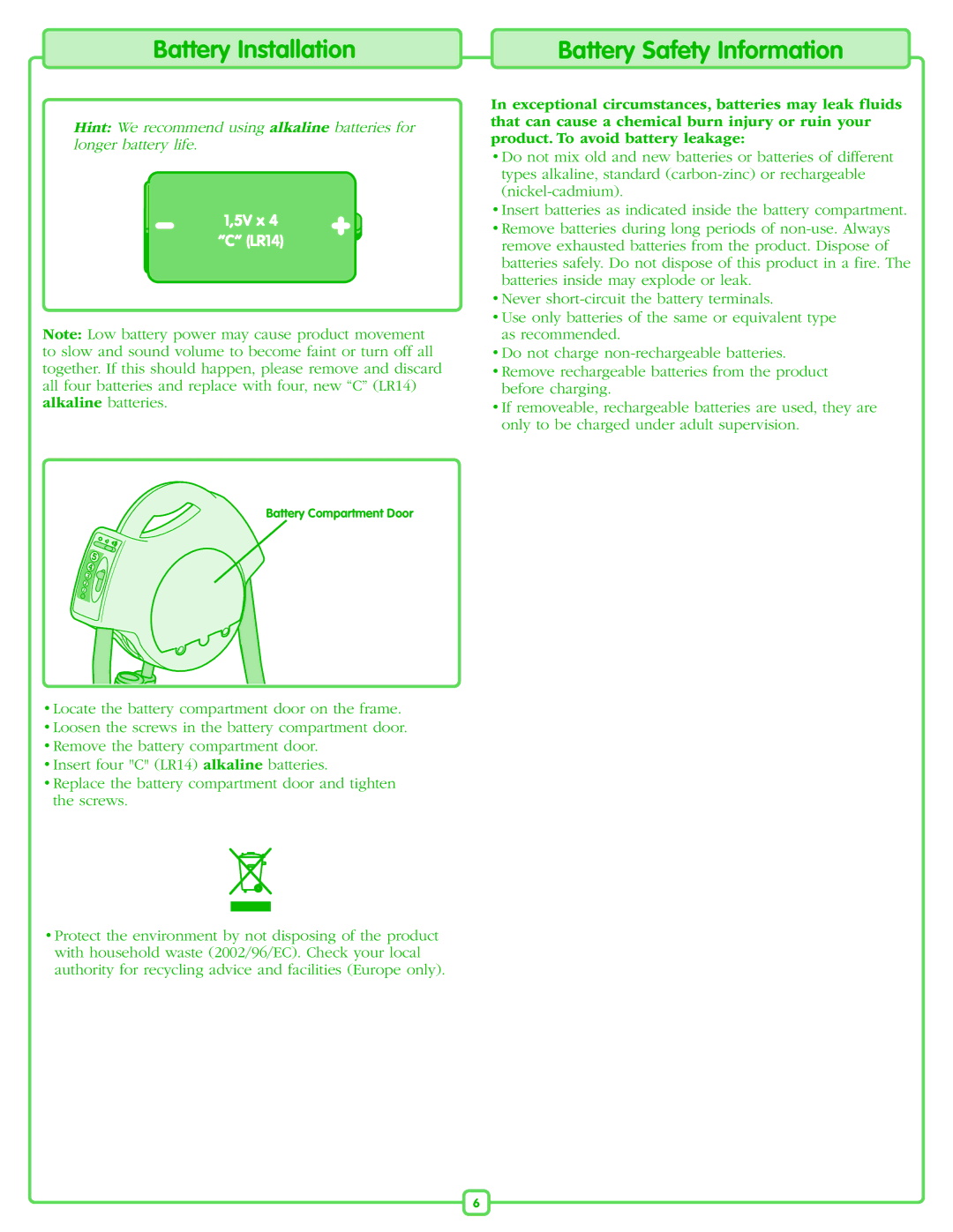 Fisher-Price M6711 manual Battery Installation, Battery Safety Information 