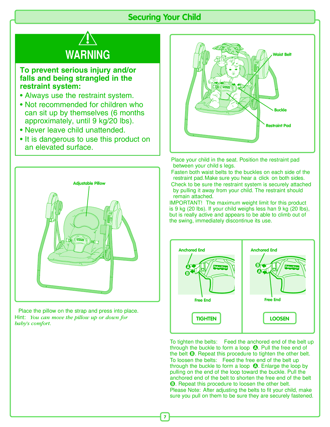 Fisher-Price M6711 manual Securing Your Child, Loosen 