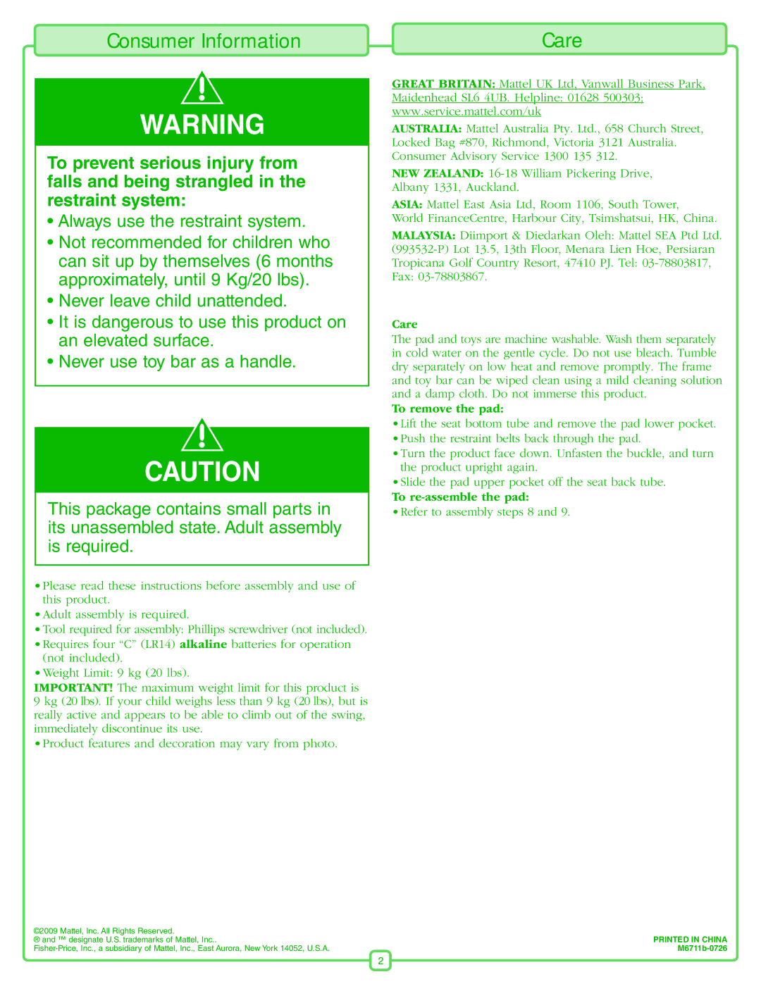 Fisher-Price M6711 manual Consumer Information, Care, To remove the pad, To re-assemble the pad 