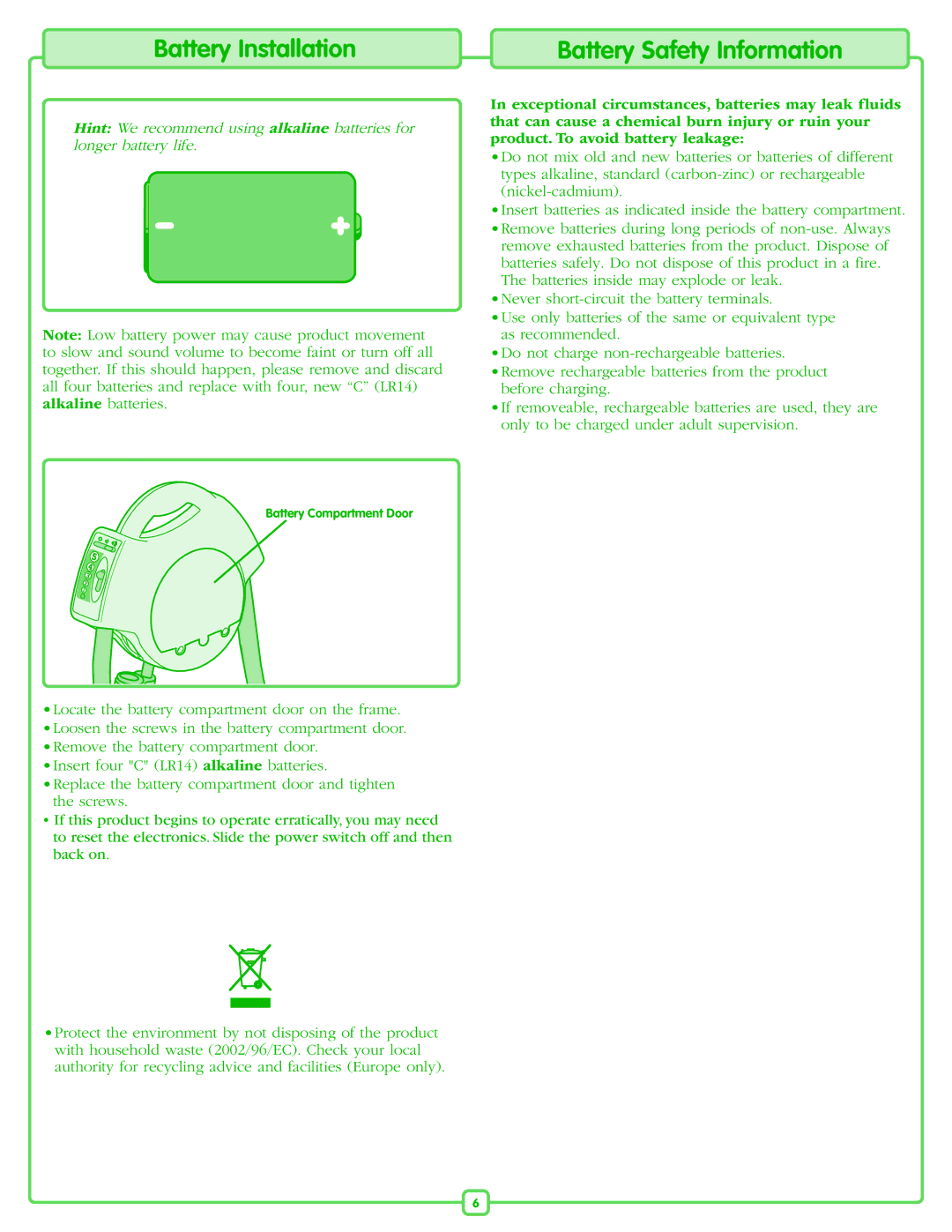 Fisher-Price M6711 manual Battery Installation, Battery Safety Information 