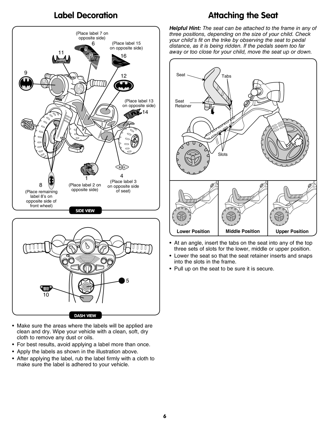 Fisher-Price M6784 instruction sheet Label Decoration Attaching the Seat 