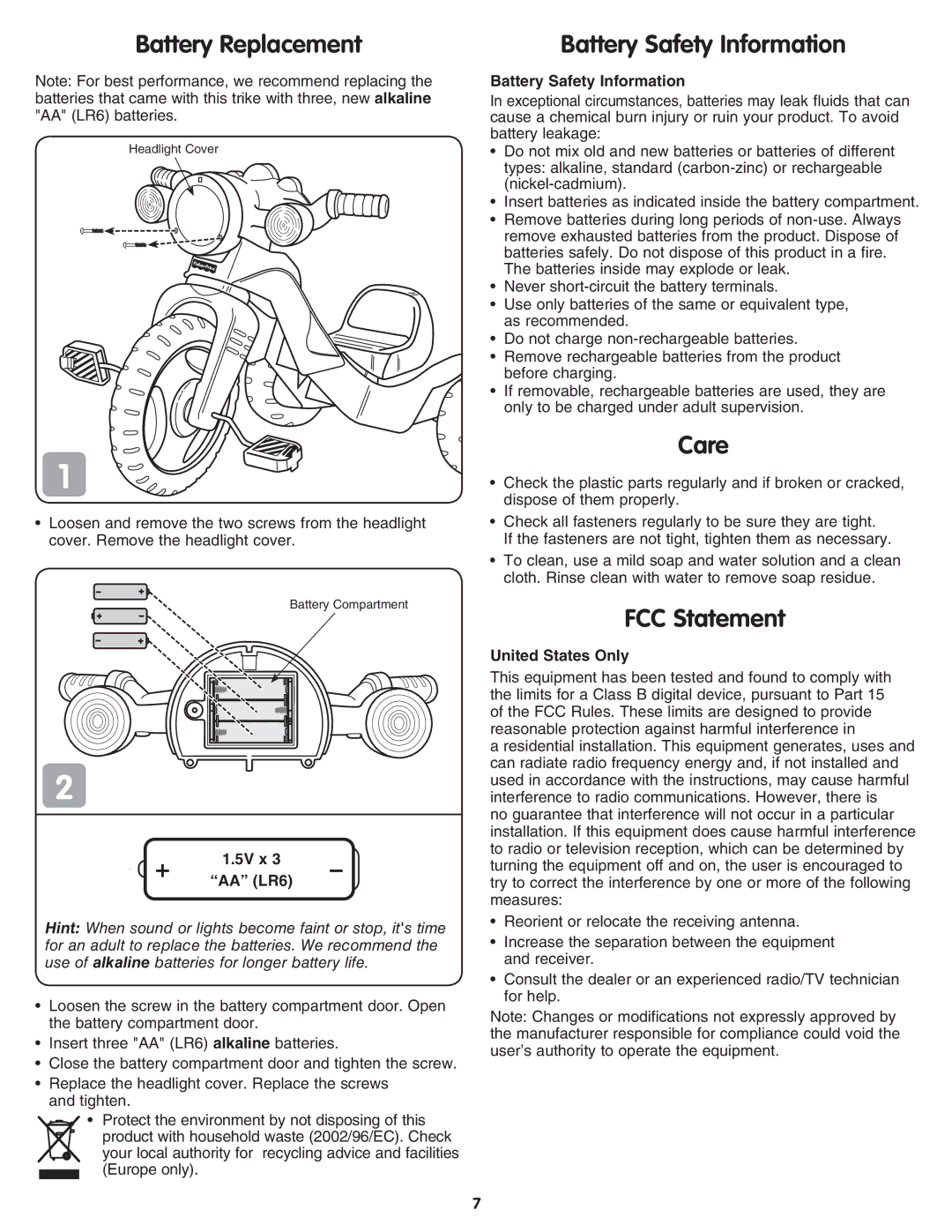 Fisher-Price M6784 instruction sheet Battery Replacement, Battery Safety Information, Care, FCC Statement 