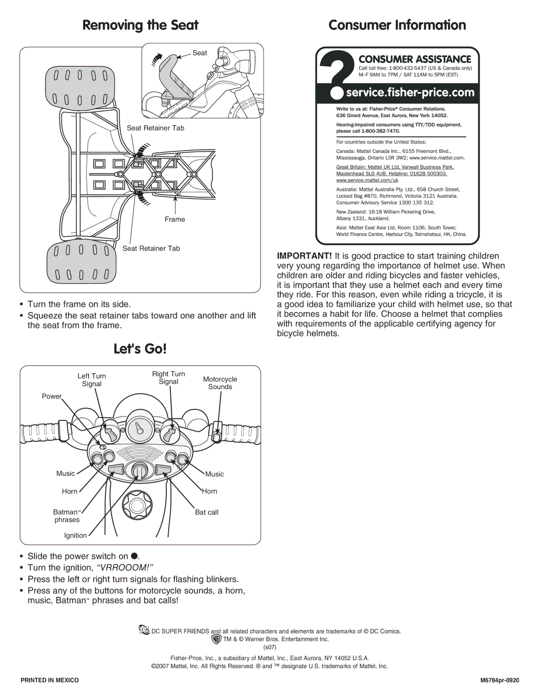 Fisher-Price M6784 instruction sheet Removing the Seat, Consumer Information, Lets Go 