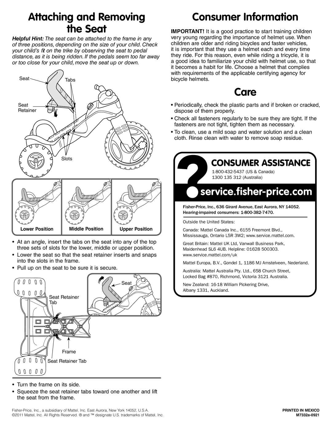 Fisher-Price M7332 manual Attaching and Removing Seat, Care 