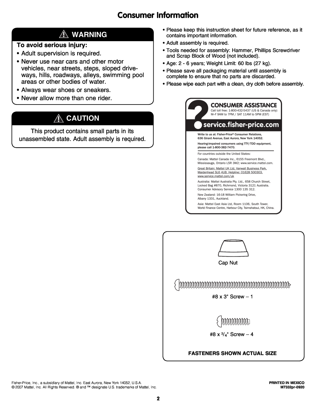Fisher-Price M7332 manual Consumer Information, To avoid serious injury 