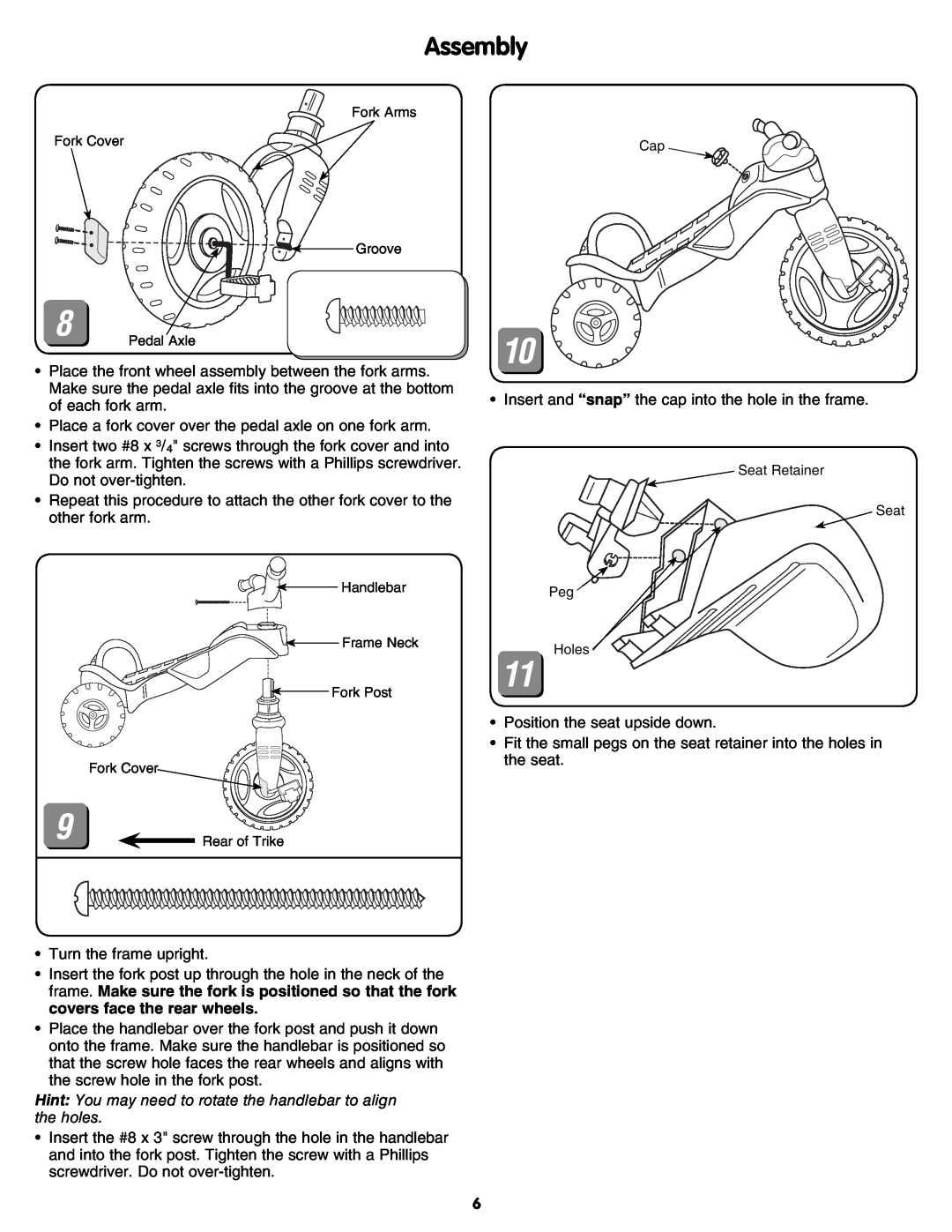 Fisher-Price M7332 manual Assembly, Place a fork cover over the pedal axle on one fork arm 