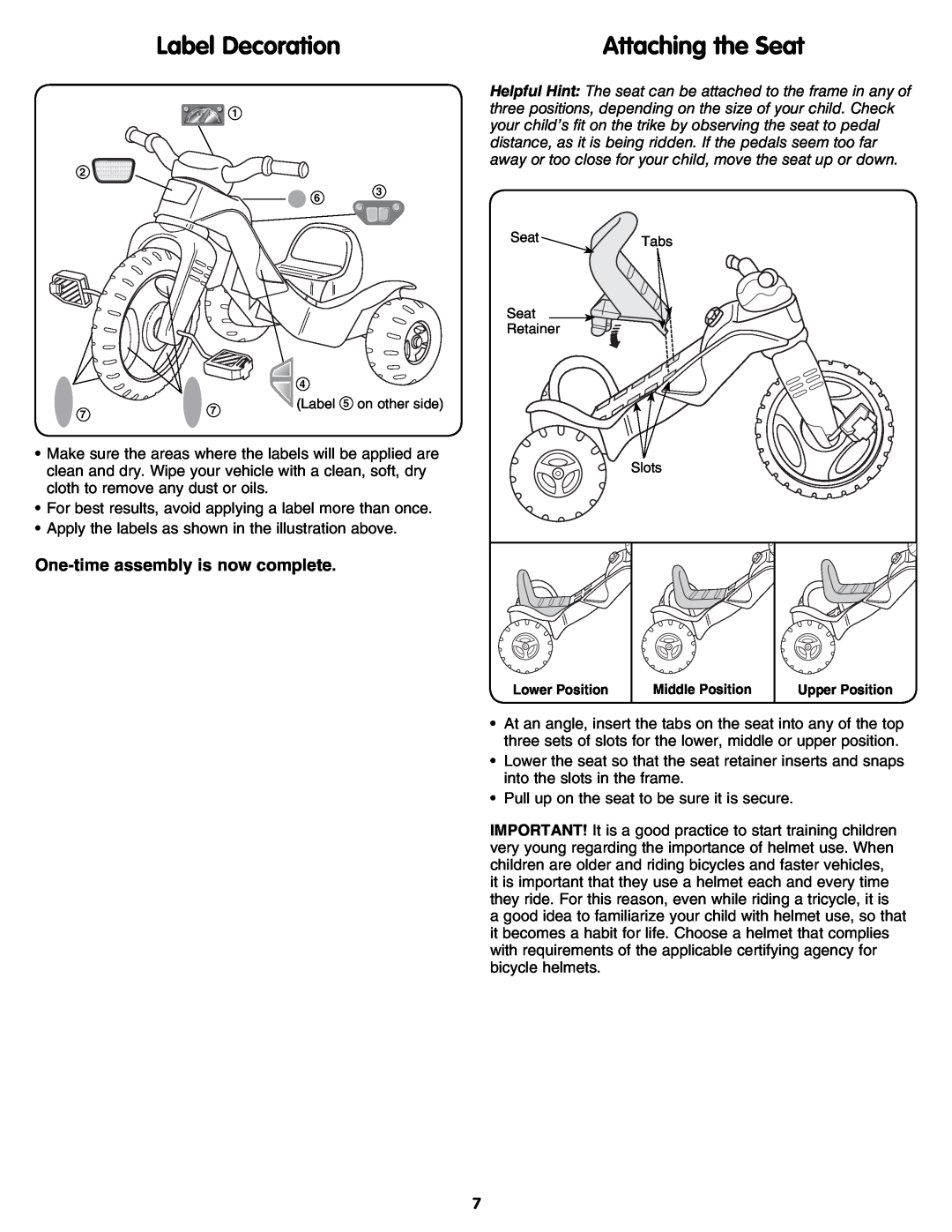 Fisher-Price M7332 manual Label Decoration, Attaching the Seat, One-time assembly is now complete 