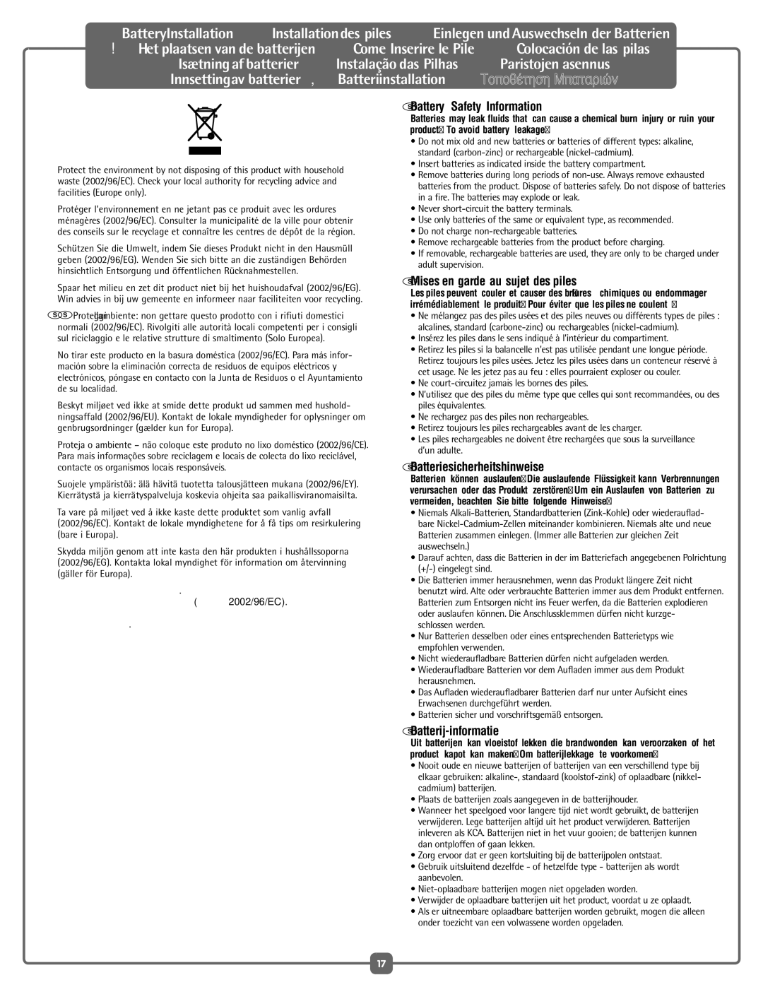 Fisher-Price M7930 manual Battery Safety Information 