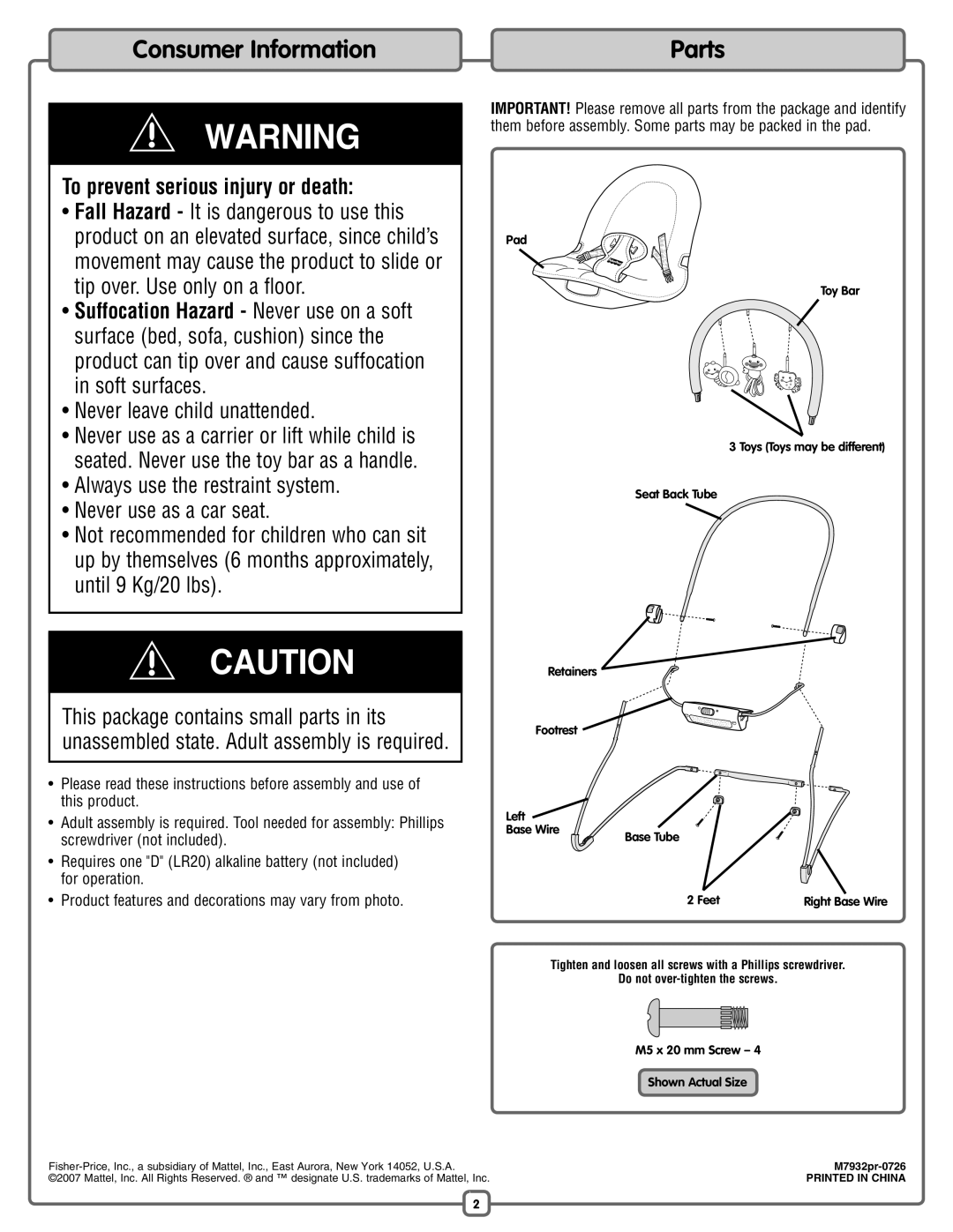 Fisher-Price M7932 manual Consumer Information, Parts, To prevent serious injury or death 