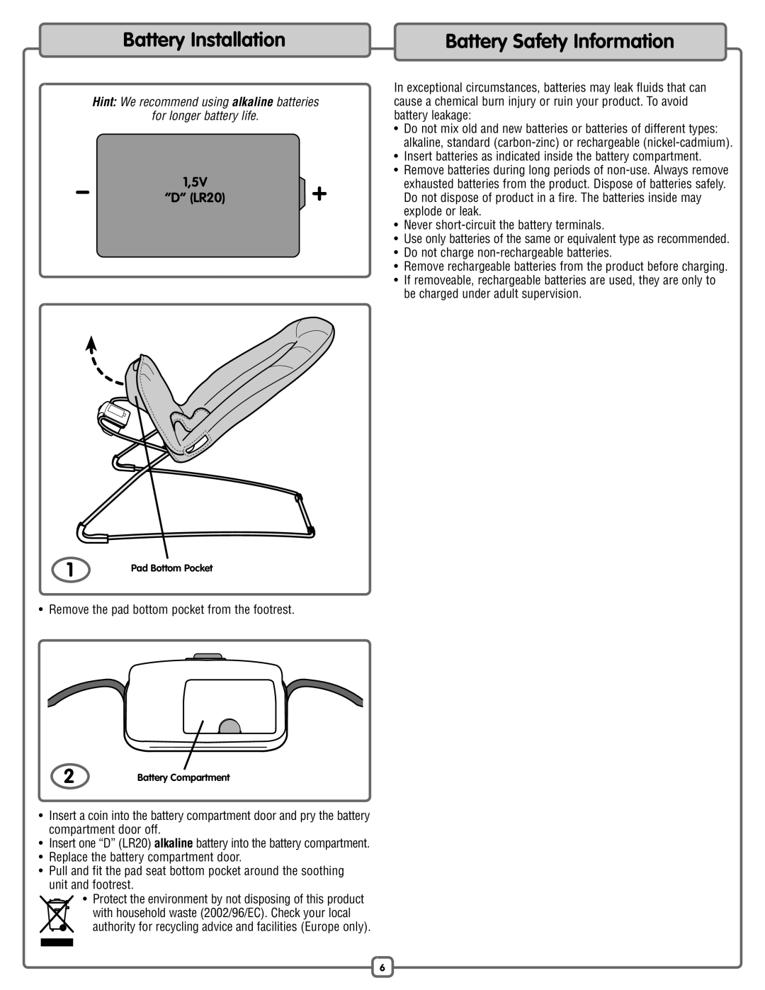 Fisher-Price M7932 manual BatteryAssemblyInstallation, Battery Safety Information 