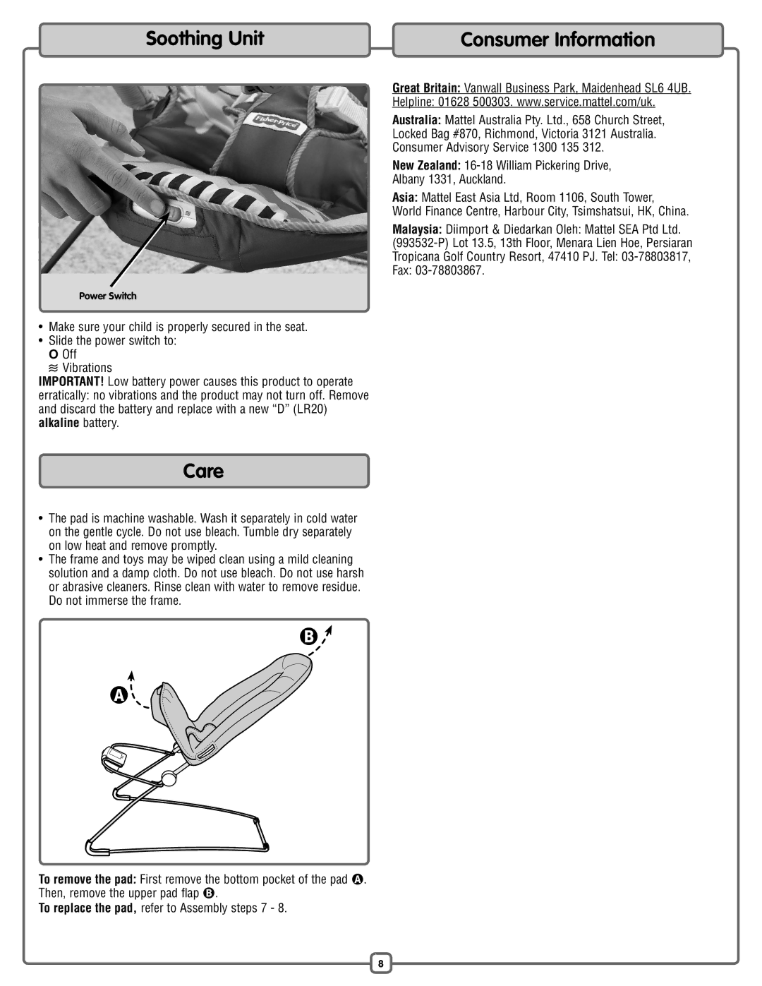 Fisher-Price M7932 manual Soothing Unit, Care, Consumer Information 