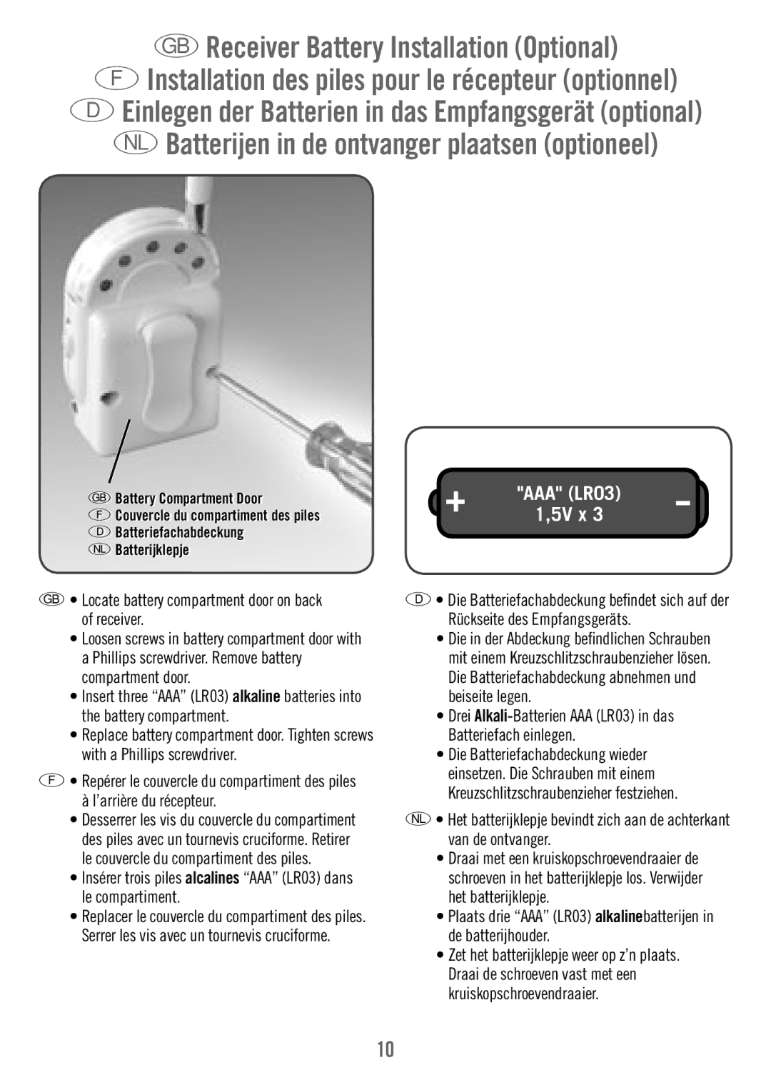 Fisher-Price M7933 manual Receiver Battery Installation Optional, Locate battery compartment door on back of receiver 